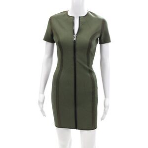 Lisa Marie Womens Textured Short Sleeve Front Zip Pencil Dress Green Size M